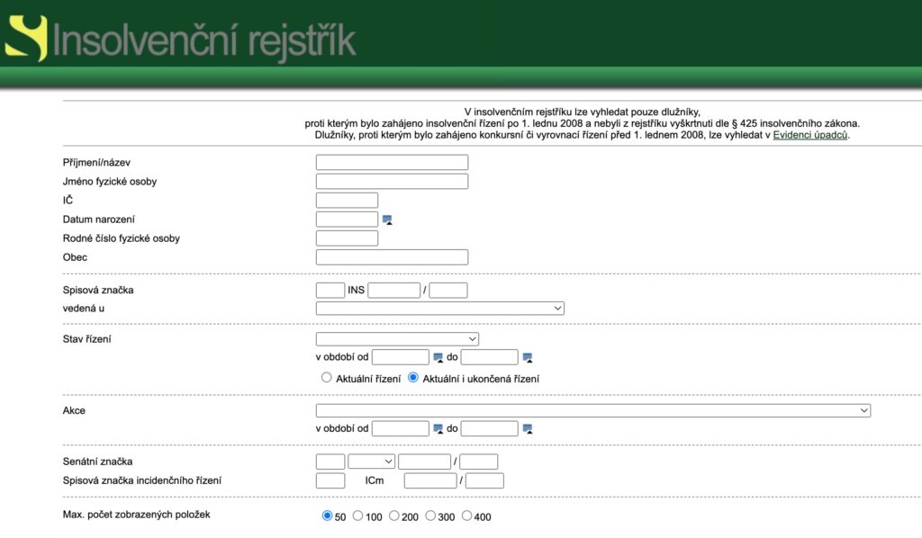 Web rozhraní insolvenčního rejstříku
